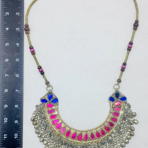 Beaded Chain Choker Necklace With Pink Glass Stones, Tribal Statement - Picture 8 of 9